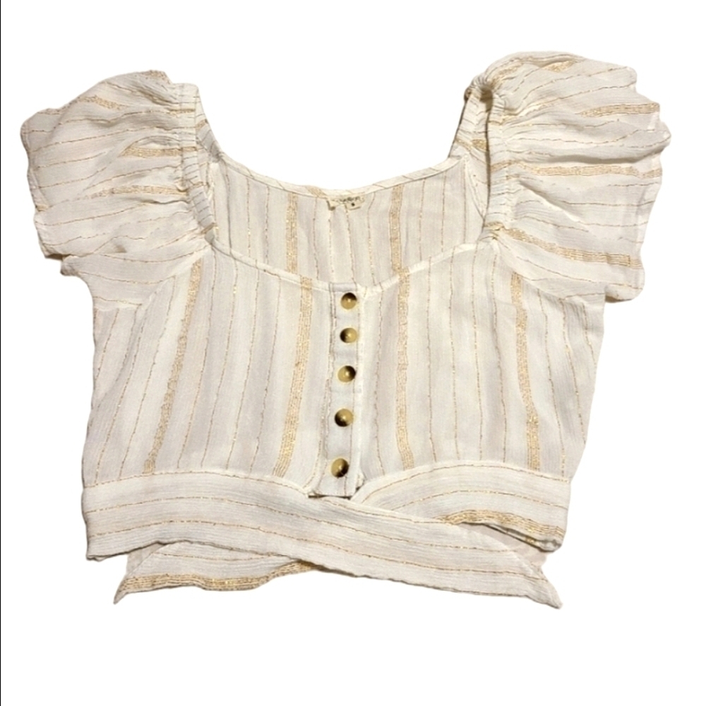 Rebellion Again Striped  Festival Crop Top Short Sleeves Gauze Knot White Gold